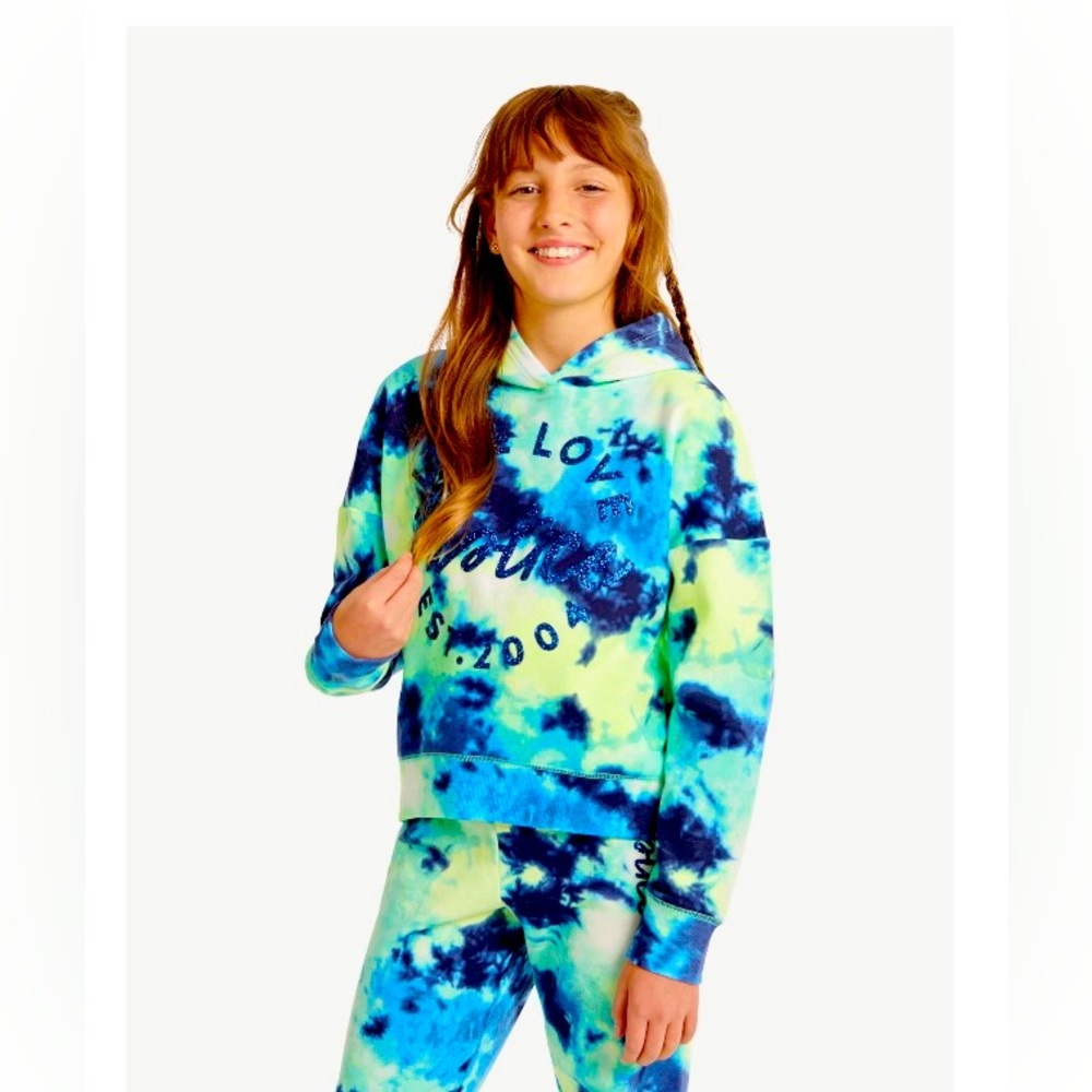 Justice Girls EDF Fleece Hoodie Jogger Set with glitter logo; size: L, XL Plus